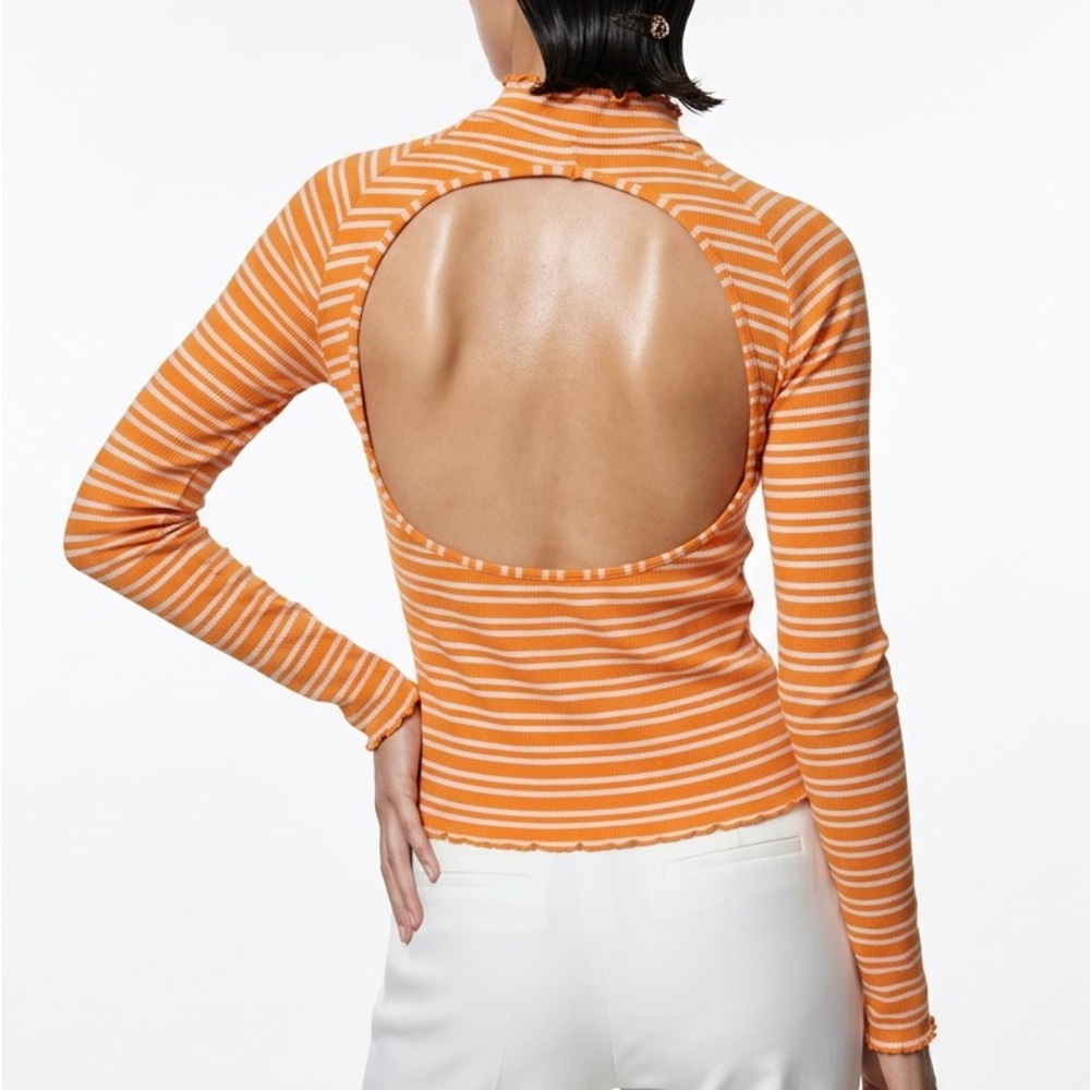 Free People Sunday Afternoon Striped Open Back Mock Neck Top Orange Ribbed M